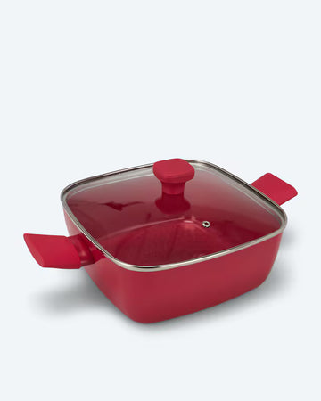 Kaufen rot Viereckpfanne mit Glasdeckel Braten Fleisch Gemüse Soft-Touch-Griffe Induktion