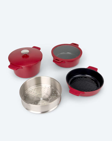 Kaufen rot Kochgeschirr-Set 6tlg. Topf Pfanne Edelstahl Induktionsboden Backofen Stapelbar