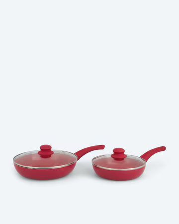 Kaufen rot Pfannenset 2x Pfanne und 2x Glasdeckel für Induktion Platzsparend Stapelbar