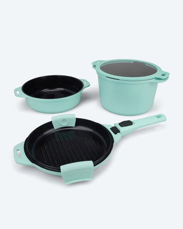 Kochgeschirr-Set mit Griff 5tlg. Bratpfanne Topf & Grillpfanne Induktion Minze