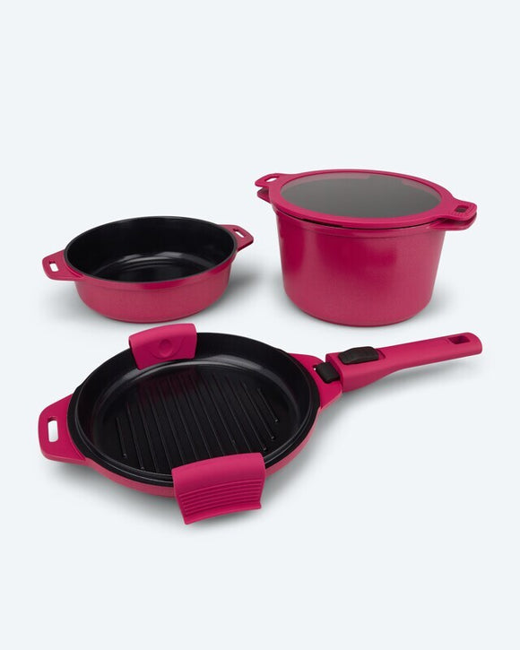 Kochgeschirr-Set mit Griff 5tlg. Bratpfanne, Topf & Grillpfanne Induktion Rosa