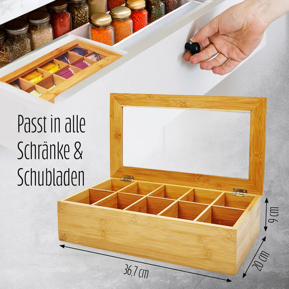 Teebeutel Spender 10 Fächer Aufbewahrungsbox Teekiste Teekasten Bambus Holz Box