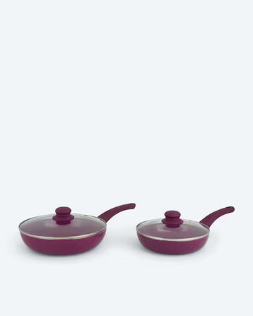 Kaufen lila Pfannenset 2x Pfanne und 2x Glasdeckel für Induktion Platzsparend Stapelbar