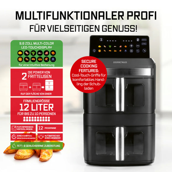 GOURMETmaxx Vertikale Doppelkammer-Heißluftfritteuse 12L