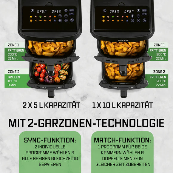 GOURMETmaxx Vertikale Doppelkammer-Heißluftfritteuse 12L