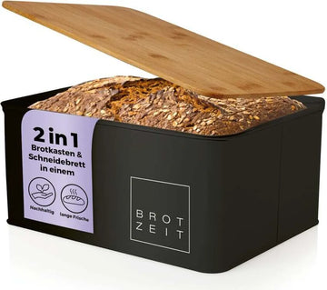 Kaufen schwarz Lumaland Brotkasten Metall mit Bambusdeckel als Schneidbrett Brot Dose Box