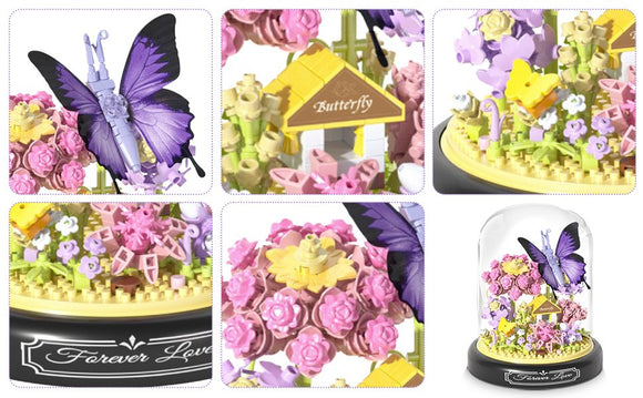 Schmetterling Blumen Bausteine Set 582 Teile Blumenstrauß mit Kuppel und Sockel