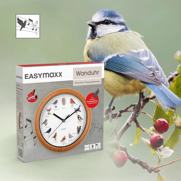 EASYmaxx Wanduhr mit Vogelstimmen Küchenuhr Quarz 250 mm Quartz Uhr 25cm Rund