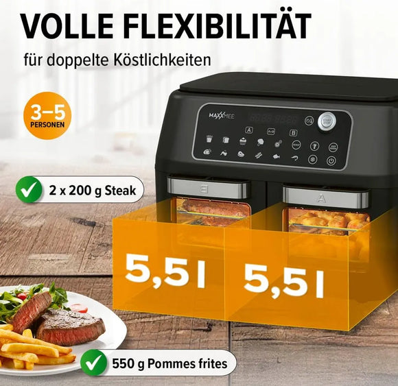 MAXXMEE Heißluftfritteuse XXL Doppelkorb Doppelkammer 11L