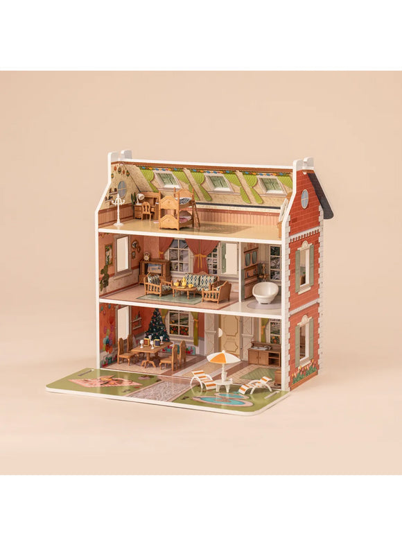 ROBUD 3 in 1 Puppenhaus aus Holz für Kinder mit Zubehör Möbel Geschenk