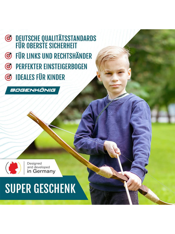 Bogenkönig Pfeil & Bogen Set Holz Spielzeug Kinder 100cm Flitzebogen Zielscheibe