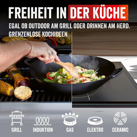 LANDMANN Hochwertiger Grillwok BBQ Gusseisen Grillrost abgeflachter Boden 44,5cm