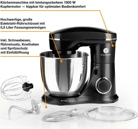 Kochwerk Küchenmaschine Knetmaschine Rührmaschine Edelstahl 1300W 5,5L schwarz