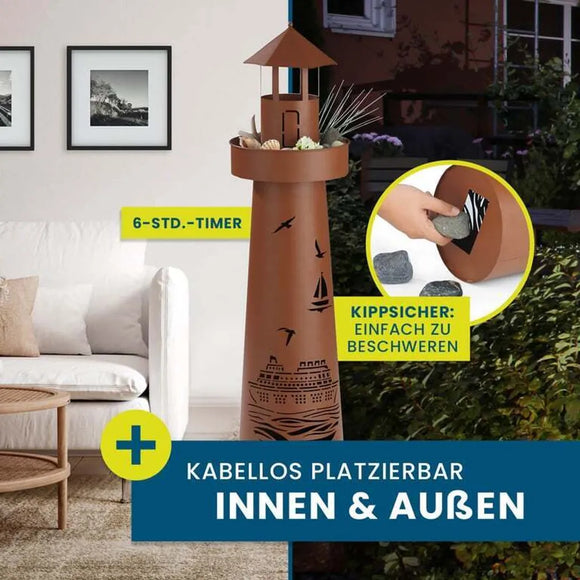 Hoberg LED Leuchtturm 80cm Metall Garten Deko Leuchte Lampe IP44 Timer Rost Look