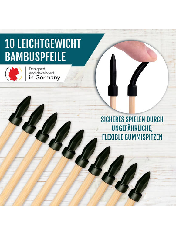 Bogenkönig Pfeil & Bogen Set Holz Spielzeug Kinder 100cm Flitzebogen Zielscheibe