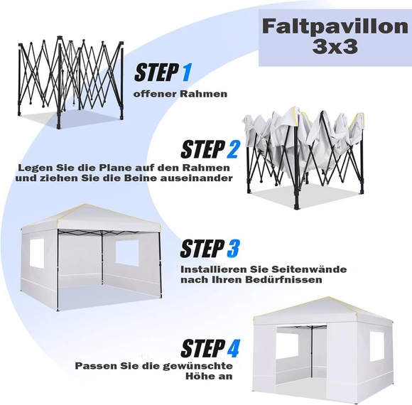 Faltpavillon 3x3m Wasserdicht Stabil UV-Schutz Outdoor Gartenzelt Weiß