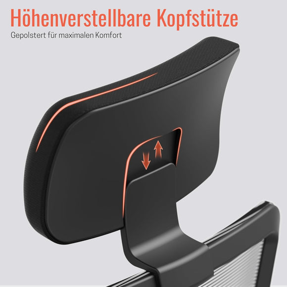 Yaasa Pro Bürostuhl Ergonomisch mit Kopfstütze Schreibtisch 3D Flex Schwarz