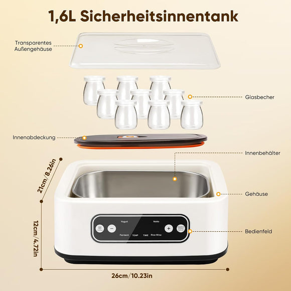 Probiotischer Joghurtbereiter mit 9 Glasbehältern 1600 ml Joghurtmaschine Küche