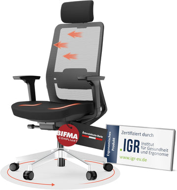 Yaasa Pro Bürostuhl Ergonomisch mit Kopfstütze Schreibtisch 3D Flex Schwarz