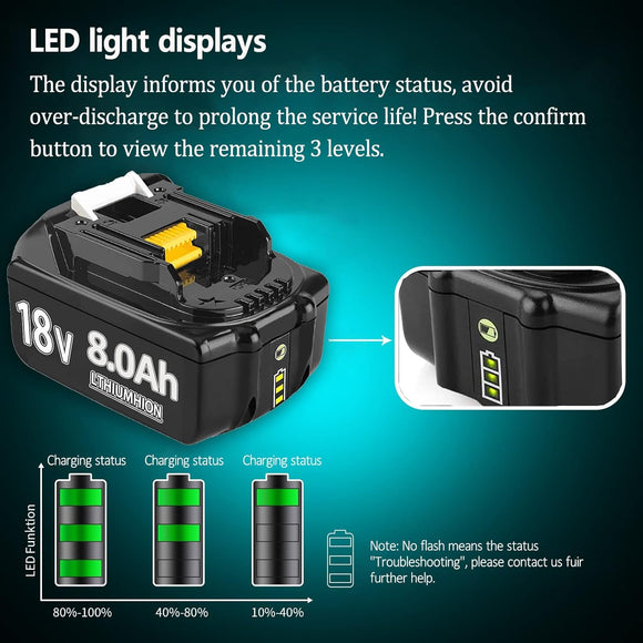 2x Ersatzakku Kompatibel mit Makita 18V Akku 8,0ah 8000mAh Li-ion für Werkzeuge