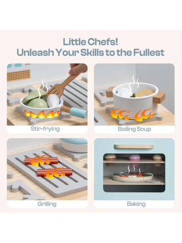 ROBUD Spielküchenofen für Kinder Kinderofen aus Holz mit Zubehör Cupcakes Pizza