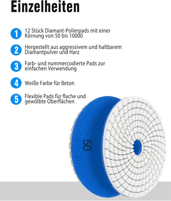 14-teilig Diamant Nass Schleifscheiben Polierscheiben Set 100mm M14 Stützteller