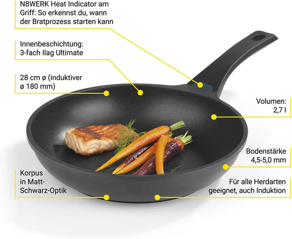 N8WERK Aluguss-Pfanne Midnight Edition 28 cm mit Farbwechsel-Temperaturanzeige