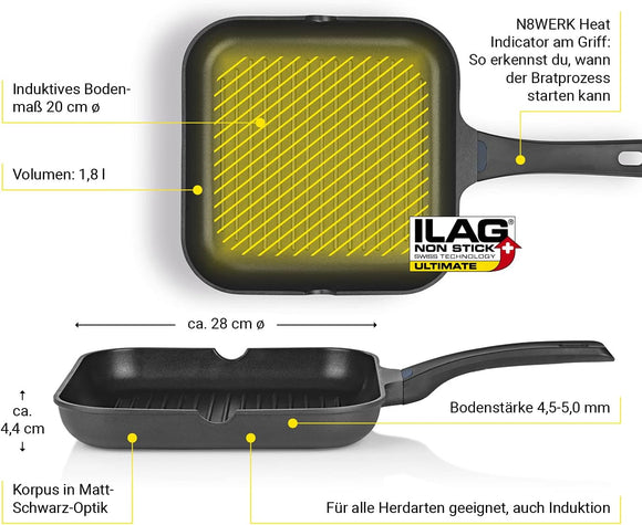 N8WERK Aluguss Grillpfanne Bratpfanne Induktion Antihaft Steakpfanne 28 cm