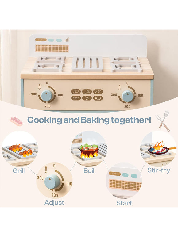 ROBUD Spielküchenofen für Kinder Kinderofen aus Holz mit Zubehör Cupcakes Pizza