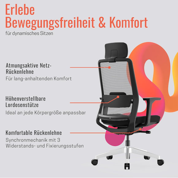 Yaasa Pro Bürostuhl Ergonomisch mit Kopfstütze Schreibtisch 3D Flex Schwarz