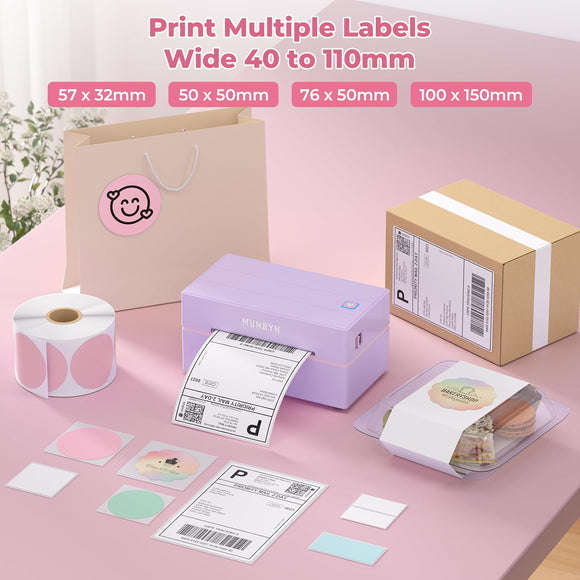 MUNBYN Etikettendrucker Bluetooth Label Printer 4x6 Thermodrucker ITPP130B Lila