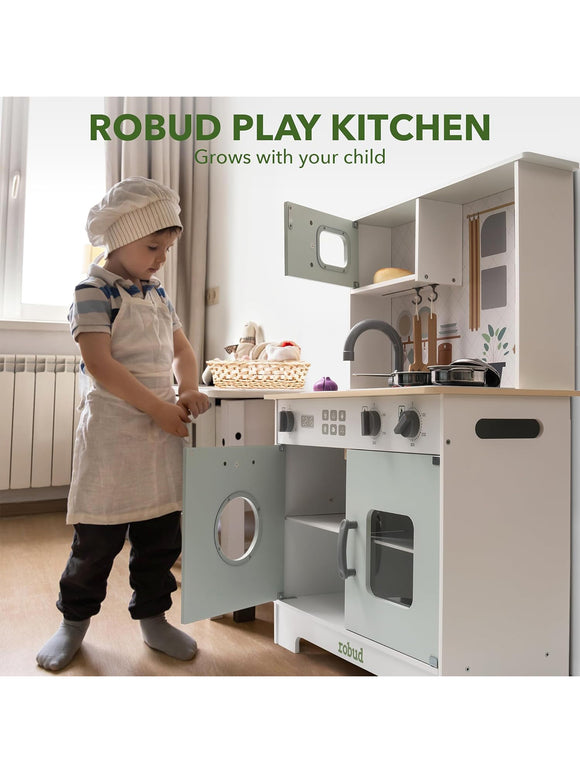ROBUD Kinderküche Spielküchenset aus Holz für Kinder Zubehör Pfannen Wasserhahn