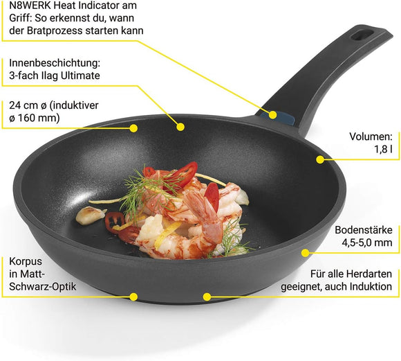 N8WERK Aluguss-Pfanne Midnight Edition 24 cm mit Farbwechsel-Temperaturanzeige