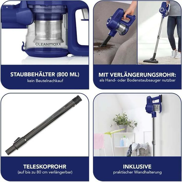 CLEANmaxx 2in1 Akku-Staubsauger Beutellos Kabellos Zyklon Handsauger Boden Auto
