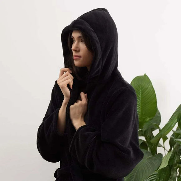 Bademantel Damen & Herren mit Kapuze XXL Schwarz
