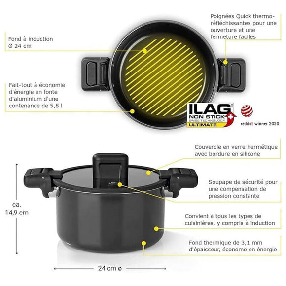 N8WERK Energiespartopf Schnellkochtopf 24 cm Aluminium Aluguss 5,8L Schwarz