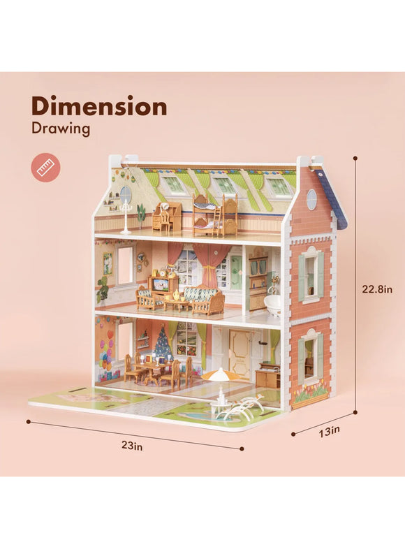 ROBUD 3 in 1 Puppenhaus aus Holz für Kinder mit Zubehör Möbel Geschenk
