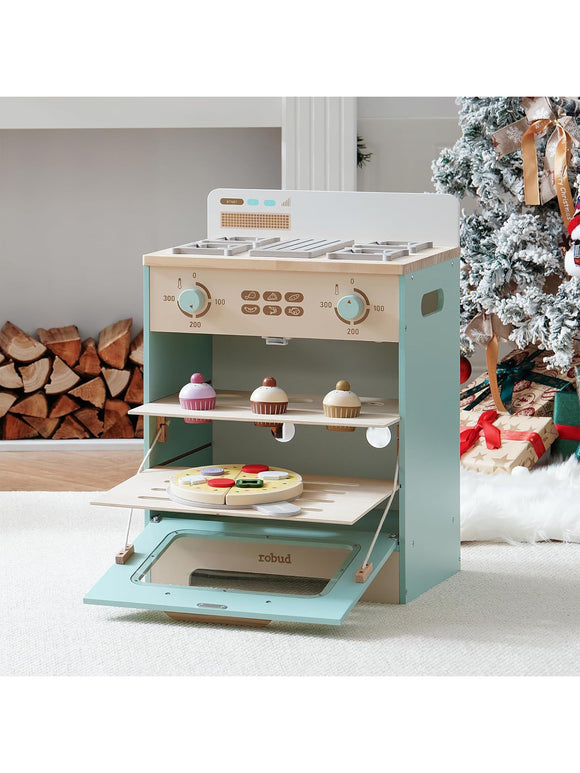 ROBUD Spielküchenofen für Kinder Kinderofen aus Holz mit Zubehör Cupcakes Pizza