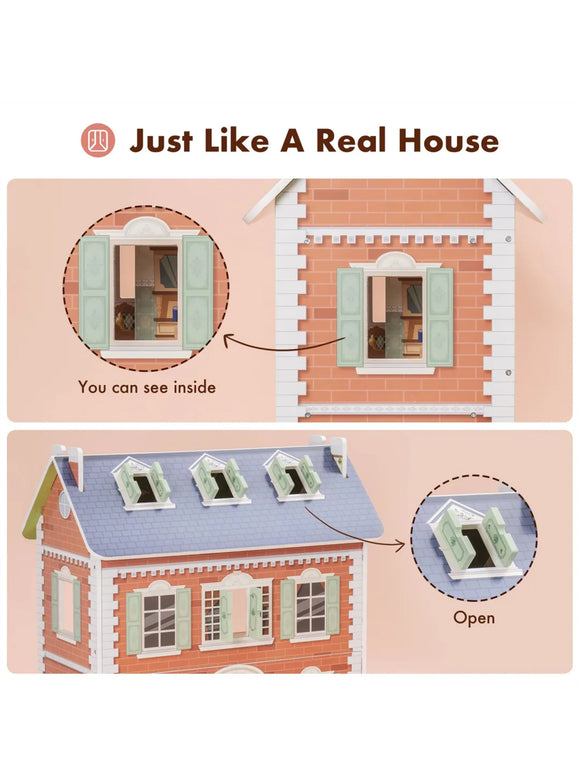 ROBUD 3 in 1 Puppenhaus aus Holz für Kinder mit Zubehör Möbel Geschenk
