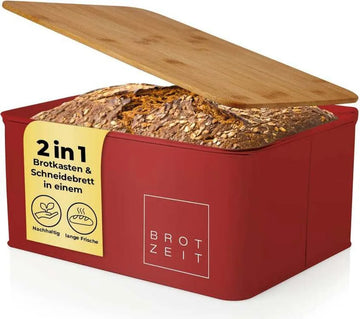 Kaufen rot Lumaland Brotkasten Metall mit Bambusdeckel als Schneidbrett Brot Dose Box