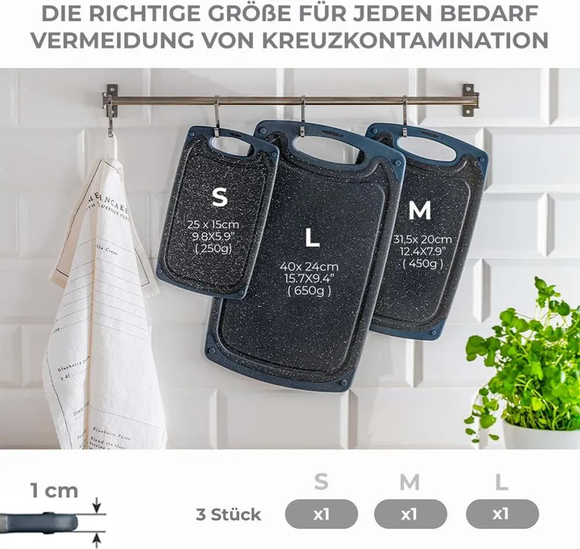Exitoso Schneidebrett 3er Set Kunststoff Küchenbrett Hackbrett spülmaschinenfest