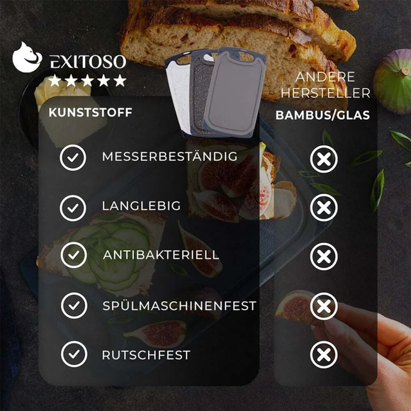 Exitoso Schneidebrett 3er Set Kunststoff Küchenbrett Hackbrett spülmaschinenfest
