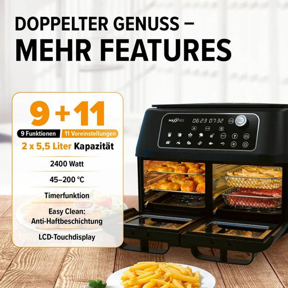 MAXXMEE Heißluftfritteuse XXL Doppelkorb Doppelkammer 11L