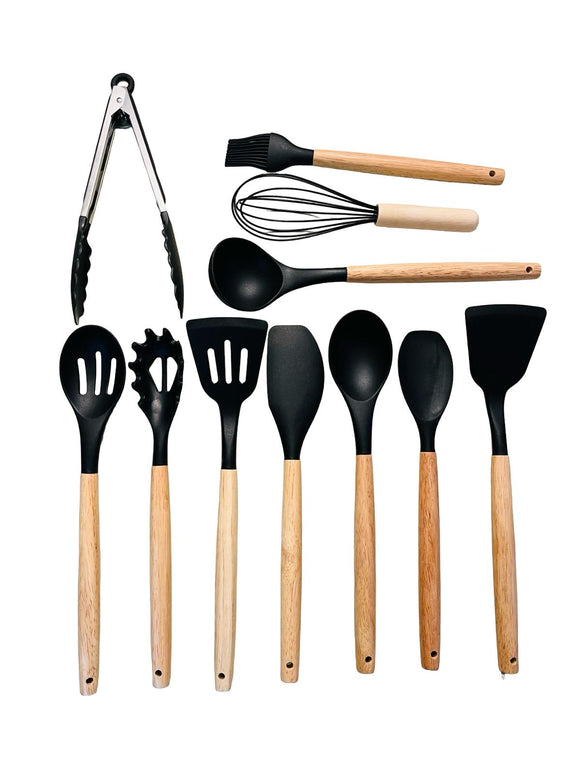 12 teiliges Küchenhelfer-Set aus Silikon Kochgeschirr mit Holzgriff Schwarz
