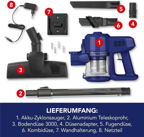 CLEANmaxx 2in1 Akku-Staubsauger Beutellos Kabellos Zyklon Handsauger Boden Auto