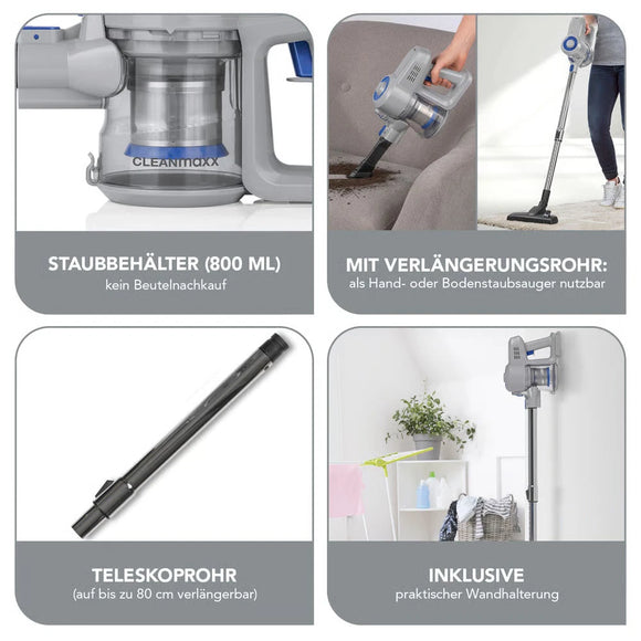 CLEANmaxx 2in1 Akku-Staubsauger Beutellos Kabellos Zyklon Handsauger Auto Grau