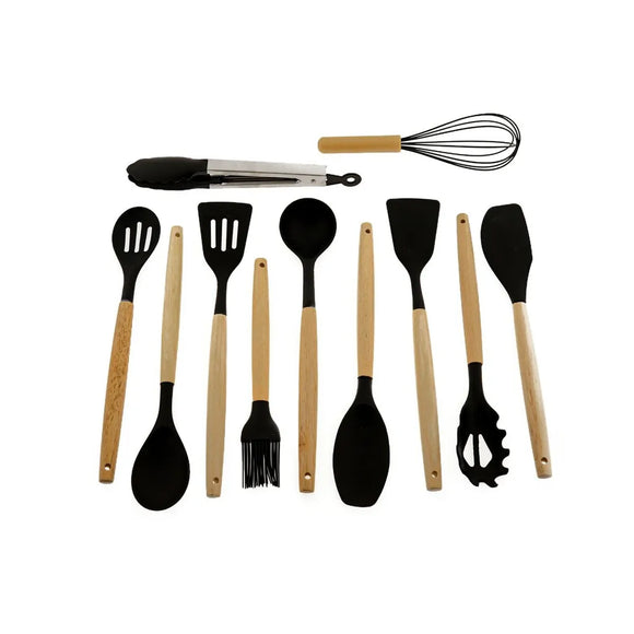 12 teiliges Küchenhelfer-Set aus Silikon Kochgeschirr mit Holzgriff Schwarz