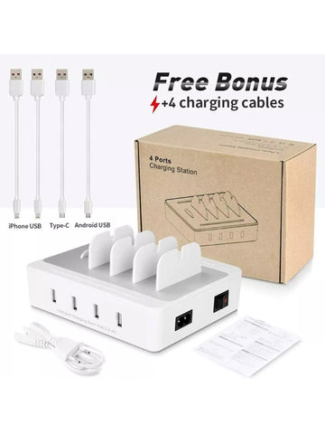 Multifunktionale USB-Ladestation mit 4 Ports und 4 Ladekabel für Handy Laptop