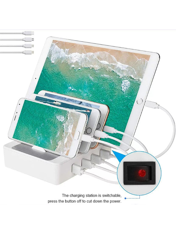 Multifunktionale USB-Ladestation mit 4 Ports und 4 Ladekabel für Handy Laptop
