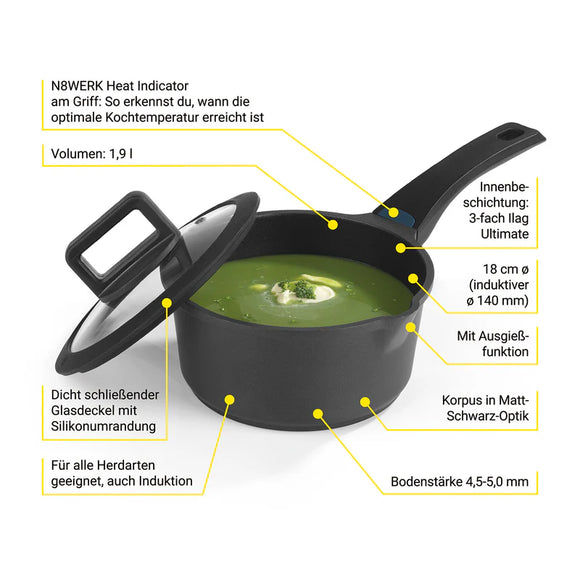 N8WERK Stielkasserolle Stieltopf Kochtopf Topf 18 cm Induktion Temperaturanzeige